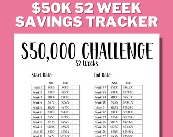 50K SAVINGS CHALLENGE In 1 Year, Money Saving Challenge, Savings Plan, Save Money, 52 Week Challenge, 50K Savings, A4, US Letter
