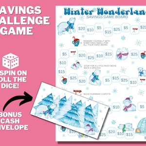 Kerstvakantie bordspel AFDRUKBAAR, rol de dobbelstenen, Cash Envelope Saving Challenge, Money Saving Challenge, spelen en opslaan, Cash Budget