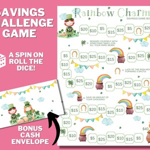 May include: A colorful game board with a rainbow, leprechauns, and gold coins. The game board is titled "Rainbow Charms Savings Game Board".