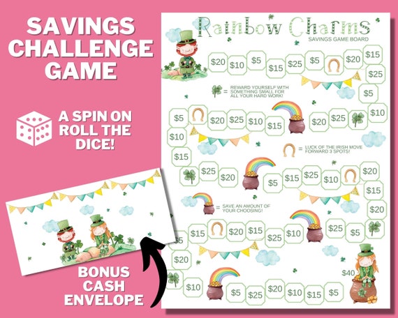 Money Saving Challenge PRINTABLE, Roll The Dice, Money Management, Sinking Fund, Cash Savings, March St Patrick's Day, Money Save Game