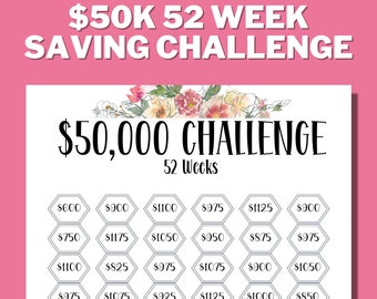 50K 52 Week Saving Challenge Printable, 50,000 Saving Tracker, 50K Challenge, Savings Goal, Money Challenge, A4, US Letter, 1 Year Printable