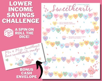 Sweethearts Candy Hearts Money Saving Challenge Game PRINTABLE, Roll The Dice, Cash Sinking Fund, Lower Income, Money Save Game