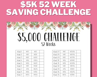 5K SAVINGS CHALLENGE, Money Saving Challenge, Savings Plan, Save Money, 52 Week Challenge, 5000 Savings Challenge, 1 Year, Rainy Day Fund