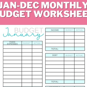Könnte beinhalten: Ein druckbares Budget-Arbeitsblatt für Januar mit Abschnitten für Einkommen, feste Ausgaben, Schulden und Summen. Das Arbeitsblatt hat ein hellblaues und weißes Farbschema.