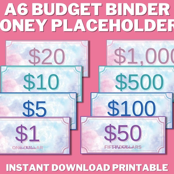 PRINTABLE Money Placeholders for A6 Budget Binders, A6 Cash Envelope Savings Placeholder, Sinking Funds Placeholder, Fake Money, Play Money