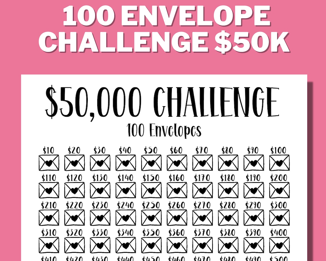 50K 100 ENVELOPE CHALLENGE Printable 50000 Saving Tracker Etsy