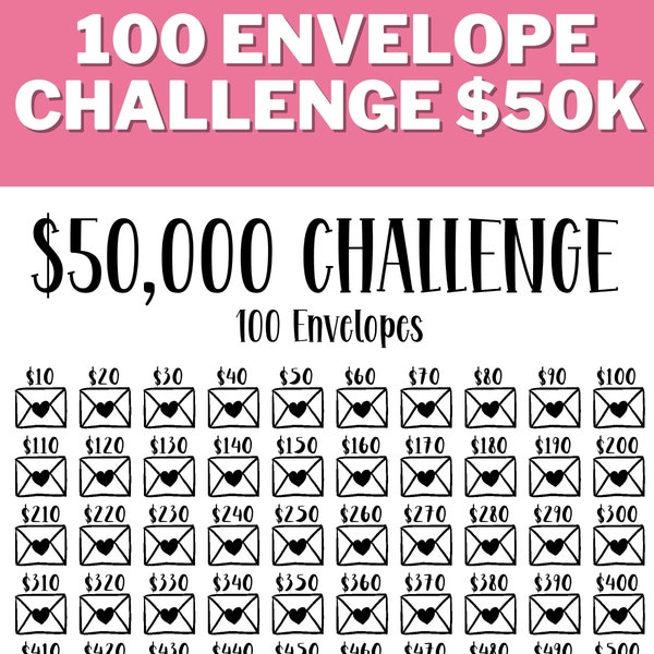 50K 100 ENVELOPE CHALLENGE Printable , 50,000 Saving Tracker, 50K Challenge, Savings Goal, Money Challenge, A4, US Letter, Instant Download