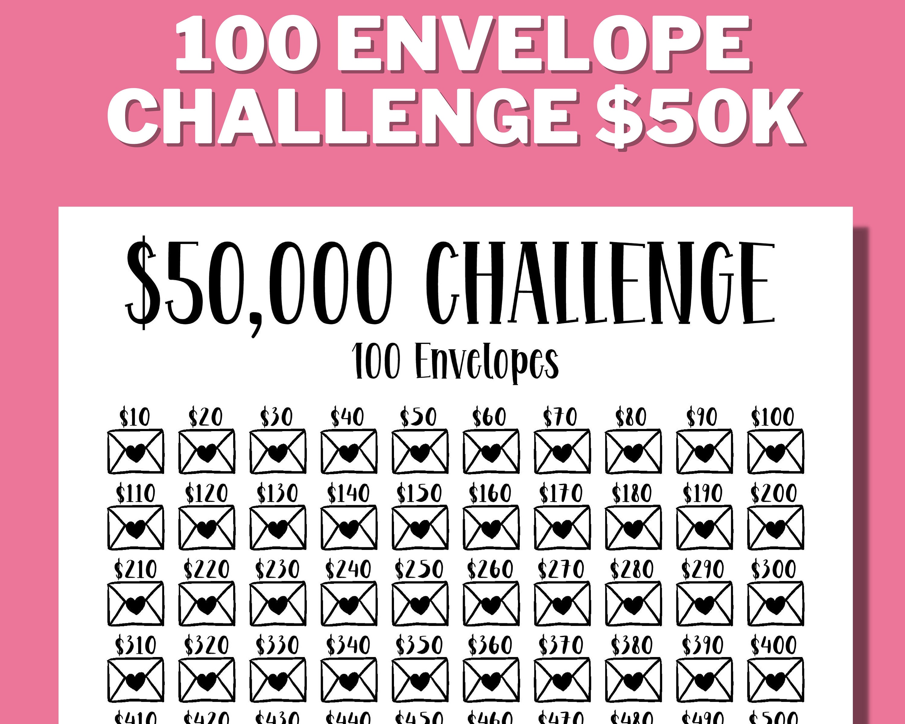 50K 100 ENVELOPE CHALLENGE Printable 50000 Saving Tracker Etsy UK