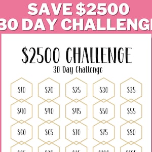 Puede incluir: Un gráfico de desafío de ahorro de 30 días imprimible con una cuadrícula hexagonal dorada. El gráfico tiene un título que dice "Desafío de $2500 Desafío de 30 días". La cuadrícula tiene cantidades de $10 a $80.