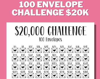 20K 100 ENVELOPE CHALLENGE Printable, 20,000 Saving Tracker, 20K Savings Challenge, Savings Goal, A4, US Letter, Instant Download