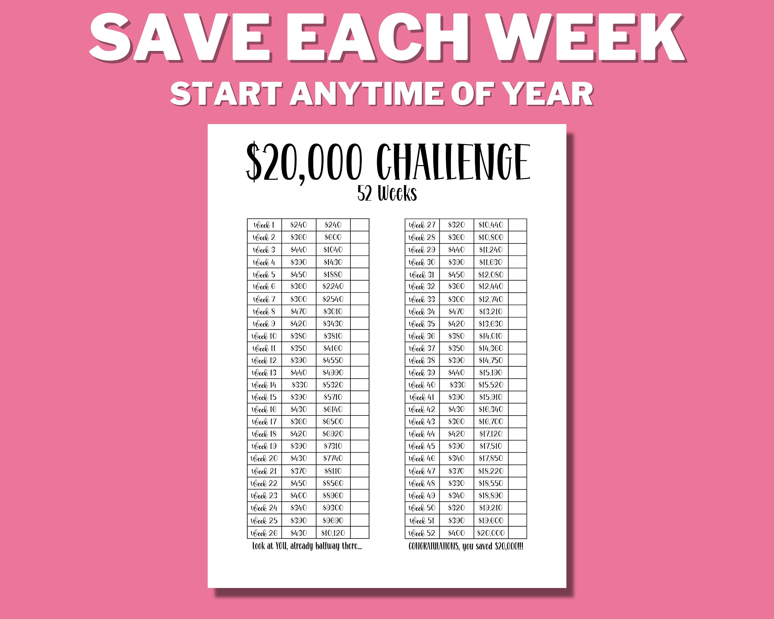 20K 52 Week Saving Challenge Printable, 20000 in 1 Year, House Savings, 20K  Savings Challenge, Savings Goal, US Letter, Instant Download 