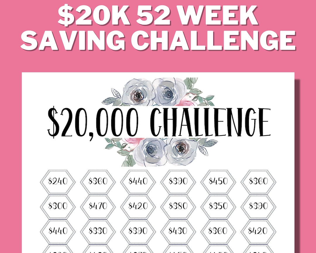20K 52 Week Saving Challenge Printable, 20000 in 1 Year, 20K Savings ...