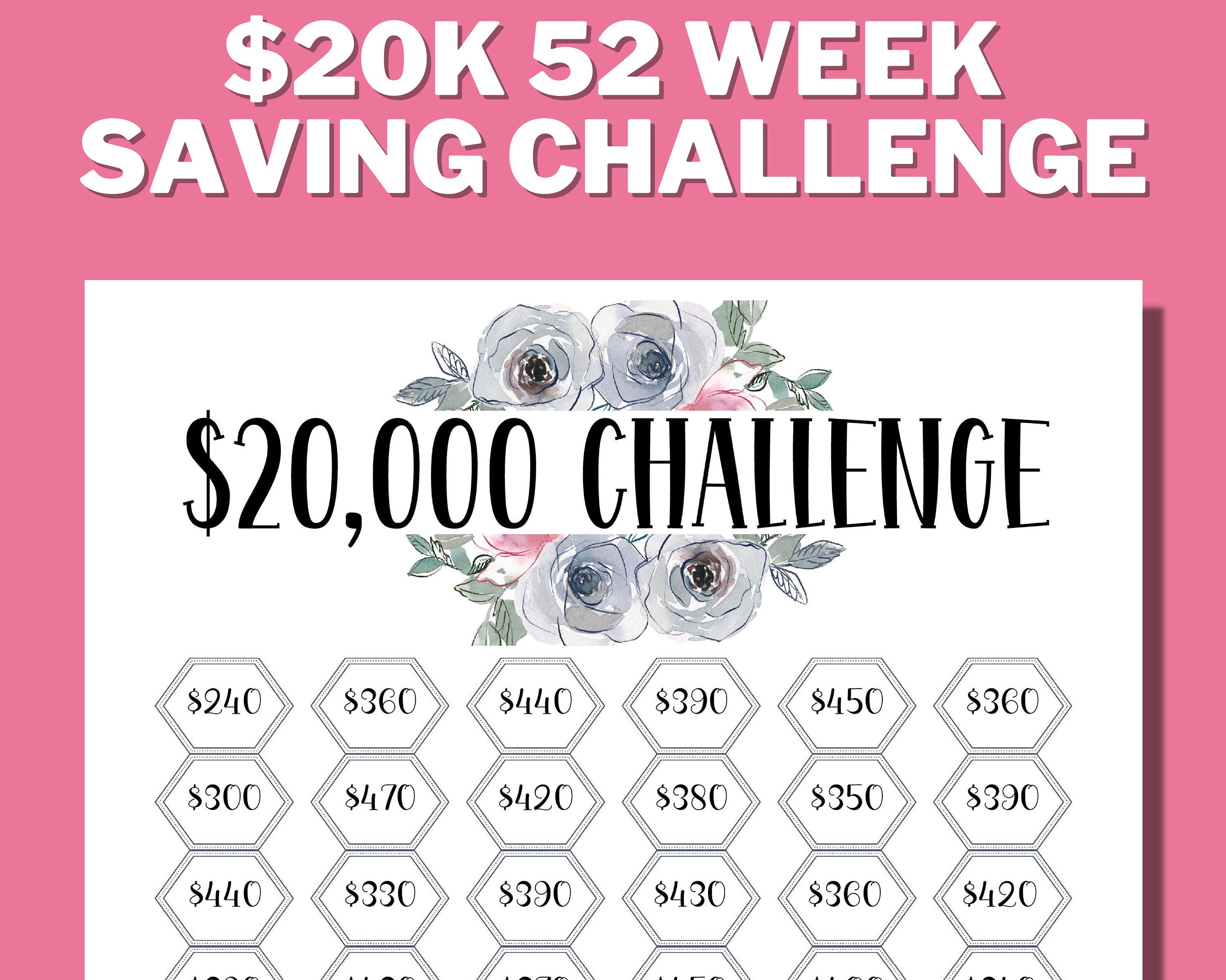 20K 52 Week Saving Challenge Printable, 20000 in 1 Year, 20K