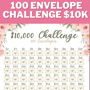 May include: A white printable chart with a floral design at the top. The chart is titled "£10,000 Challenge 100 Envelopes". The chart has 100 envelopes with amounts from £2 to £100.