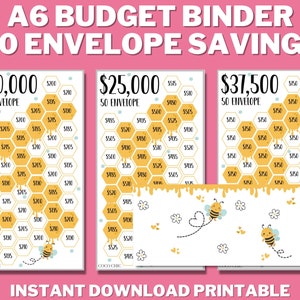 May include: Three printable A6 budget binder sheets with a honeycomb design and bee illustrations. The sheets are labeled with the amounts $10,000, $25,000, and $37,500. Each sheet has 50 envelopes for saving money.