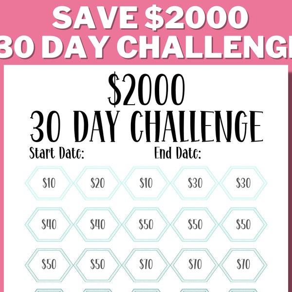 2K 30 DAY CHALLENGE Printable, 2K Saving Tracker, 2K Challenge, Savings Goal, Save 2000, Money Challenge, A4, US Letter, Instant Download