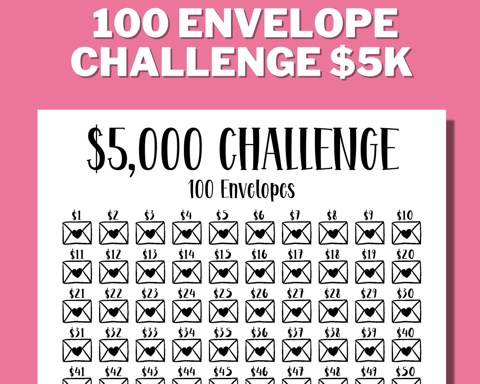 5K 100 ENVELOPE CHALLENGE Printable, 5000 Saving Tracker, 5K Challenge ...