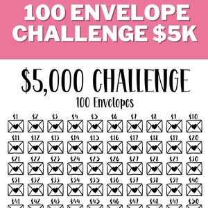 DESAFÍO DE SOBRE 5K 100 Imprimible, Rastreador de Ahorro 5000, Desafío 5K, Meta de Ahorro, Desafío de Dinero, A4, Carta de EE. UU., Descarga Instantánea