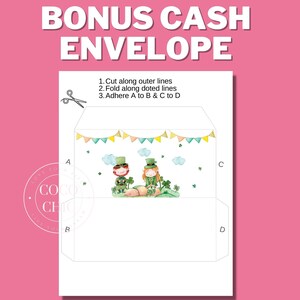 May include: Printable envelope template featuring a watercolor illustration of two leprechauns holding a pot of gold. The template includes instructions to cut, fold, and adhere the envelope.