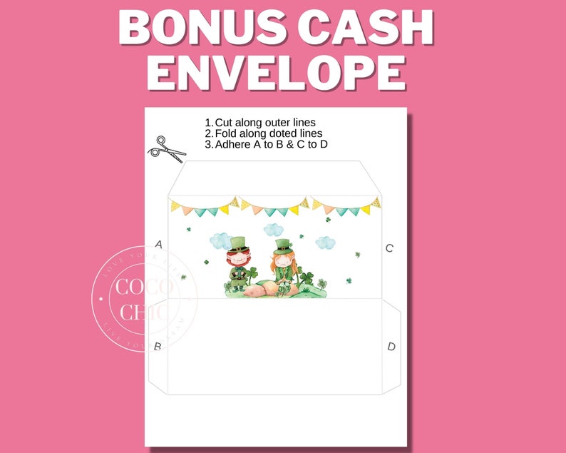 May include: Printable envelope template featuring a watercolor illustration of two leprechauns holding a pot of gold. The template includes instructions to cut, fold, and adhere the envelope.