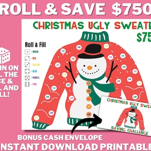 Kerstvakantie lelijke trui afdrukbaar, rol de dobbelstenen, Cash Envelope Saving Challenge, Money Saving Challenge, spelen en opslaan, Cash Budget