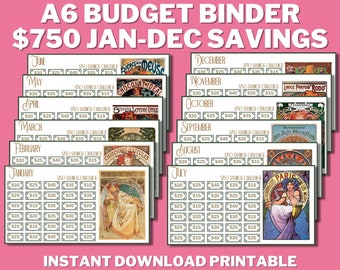 750 12 Months A6 Mini Savings Challenge Trackers PRINTABLE, Budget Binder, 750 Save Money Bundle, 30 Day Cash Envelope Inserts Set