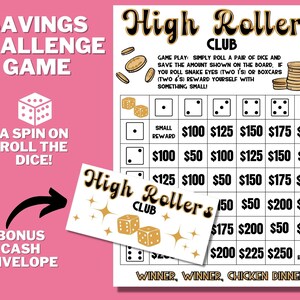 May include: A pink and white game board with the title "High Rollers Club". The game board has a grid with dice and dollar amounts. The game is a savings challenge game where players roll dice and save the amount shown on the board. The game also includes a bonus cash envelope.