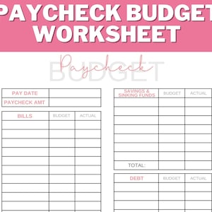 Può includere: Un foglio di lavoro di budget stampabile con il titolo "Paycheck Budget Worksheet". Il foglio di lavoro è diviso in sezioni per la data di pagamento, l'importo dell'assegno di pagamento, le bollette, i risparmi e i fondi di riserva, e i debiti. Ogni sezione ha colonne per gli importi previsti e reali.
