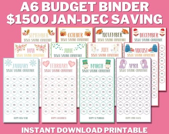 1500 Dollar A6 12 Months Mini Savings Challenge Trackers PRINTABLE, Budget Binder, 1500 Save Money Bundle, 30 Day Cash Envelope Inserts Set