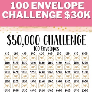 50K 100 ENVELOPE CHALLENGE Printable, 50,000 Saving Tracker, 50K Challenge, Savings Goal, Money Challenge US Letter, Instant Download