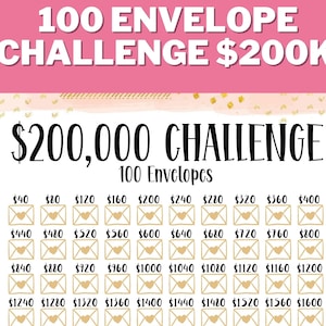 May include: A pink and gold printable chart with the text "100 Envelope Challenge $200K" and "$200,000 Challenge 100 Envelopes". The chart has 10 rows of 10 envelopes, each with a dollar amount from $40 to $1600.