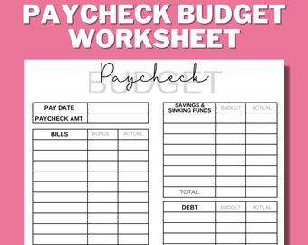 PAYCHECK BUDGET PRINTABLE, Budget Worksheet, Budget Binder, Weekly, Biweekly, Monthly, Zero Based Budget, Budget Mom, A4, us letter