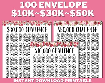 10K~30K~50K 100 Envelope Challenge Bundle PRINTABLE, Saving Tracker, Saving Money, 100 Days Challenge, Savings Goal, Money Save Challenge