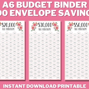 May include: Printable A6 budget binder with 100 envelope savings charts. The charts are organized in columns and rows with dollar amounts ranging from $20,000 to $50,000. Each chart has a floral design at the top.
