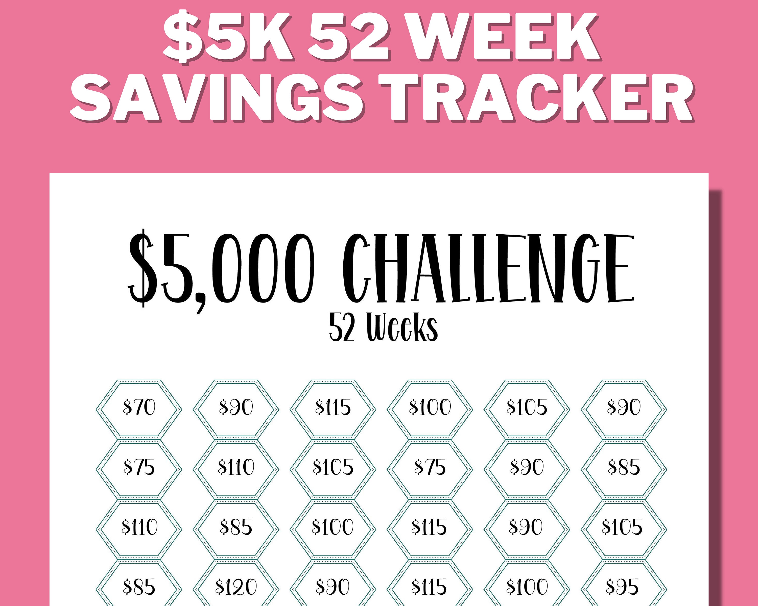 52 Week Money Challenge To $5 K: Weekly Savings Tracker To Help You Save  $5,000 In A Year