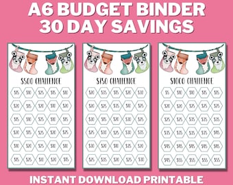 May include: Printable A6 budget binder with 30-day savings challenges. The challenges are $500, $750, and $1000. Each challenge has a grid of 30 hexagonal boxes with different dollar amounts to save each day.