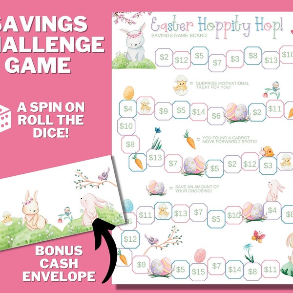 Easter Holiday Board Game PRINTABLE, Roll The Dice, Cash Envelope Saving Challenge, Money Saving Challenge, Play and Save, Cash Budget