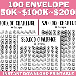 50K~100K~200K 100 Envelope Challenge Bundle PRINTABLE, Saving Tracker, Saving Money, 100 Days Challenge, Savings Goal, Money Save Challenge