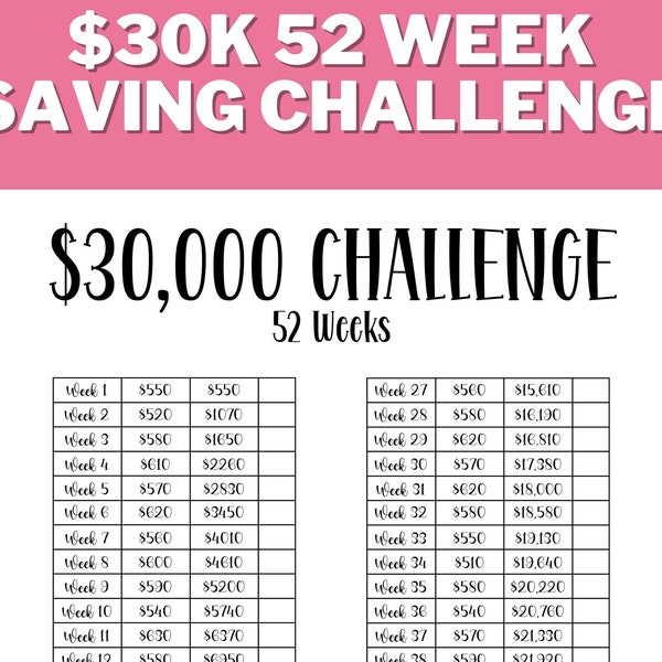 30K 52 Week Challenge PRINTABLE, 30000 In 1 Year, House Savings, 30K Savings Challenge, Savings Goal, Money Save Challenge, Saving Tracker