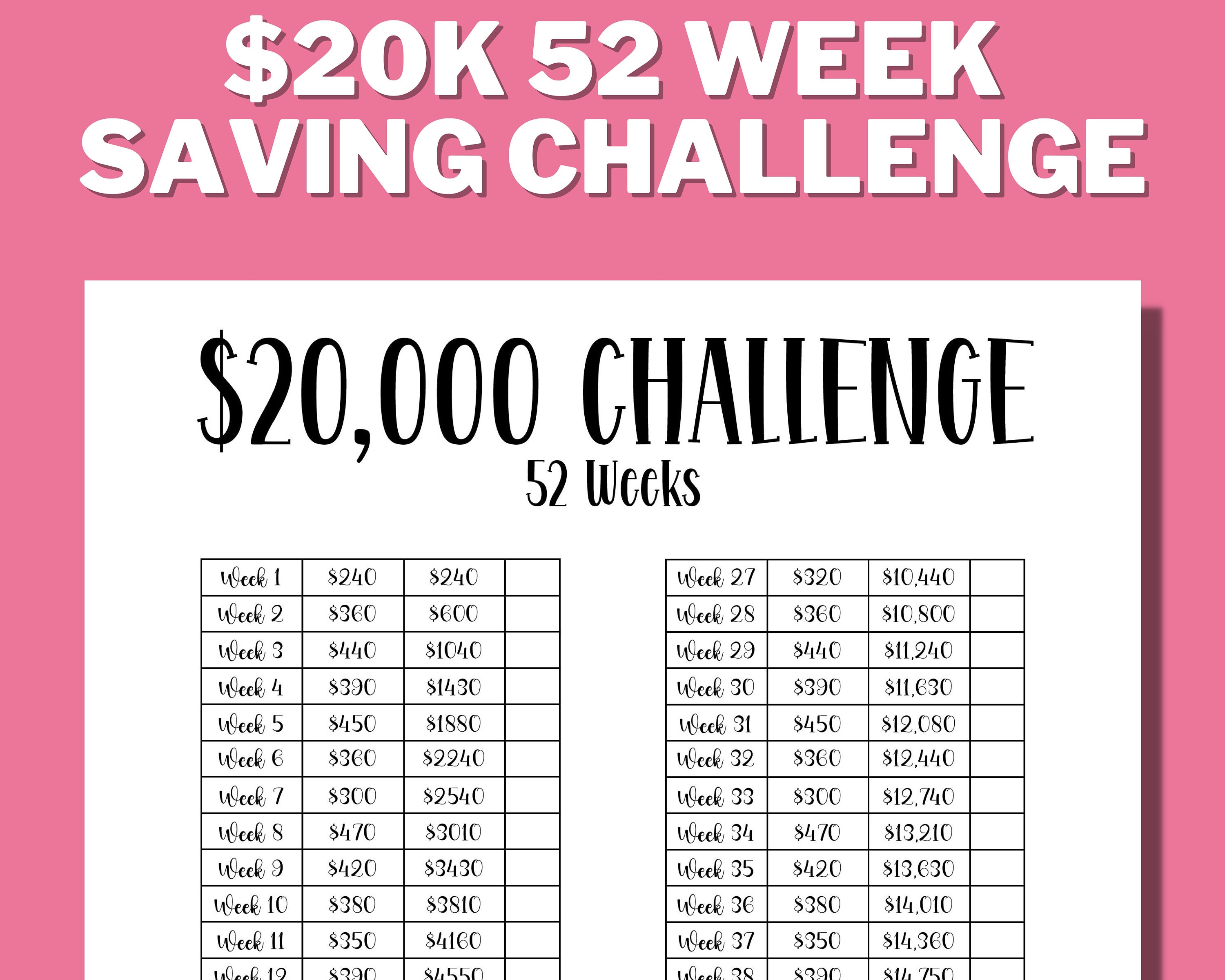 20K 52 Week Saving Challenge Printable, 20000 in 1 Year, House Savings, 20K Savings  Challenge, Savings Goal, US Letter, Instant Download 