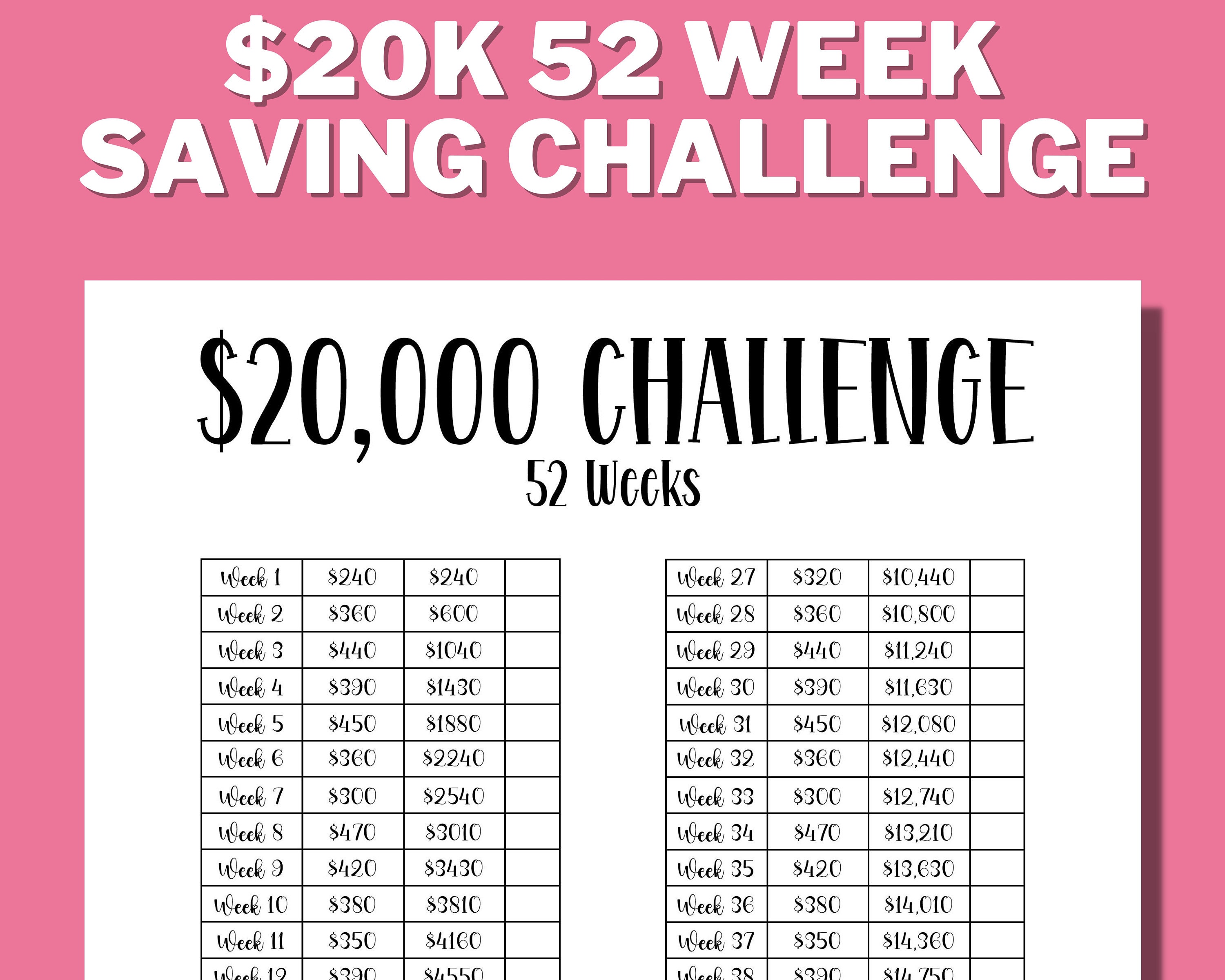 20K 52 Week Saving Challenge Printable, 20000 in 1 Year, House