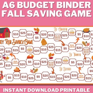 May include: A printable A6 budget binder game with an autumn theme. The game board features a turkey, pumpkins, and autumn leaves. The game is called "Turkey Run Saving Game".