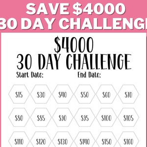 4K 30 DAY CHALLENGE Printable, 4000 Savings Challenge, 4K Challenge, Savings Goal, Money Challenge, US Letter, Instant Download
