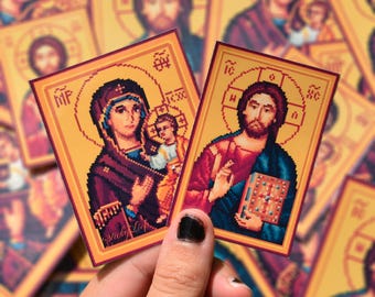 Pixel Jesus Christ & Theotokos Sticker Icon | Eastern Orthodox Christians, Laptop Vinyl Decal