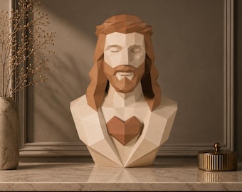 Papieren knutselwerk van het Heilig Hart van Jezus | Printbare PDF-sjabloon | Laag-poly christelijke sculptuur | Religieuze decoratie