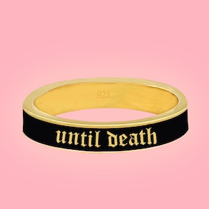 925 Silver 4mm wide Until Death Ring, Black Enamel Ring, Gold Ring, Enamel band, Promise Band, Gold Band, Valentines day Gift, Birthday Gift
