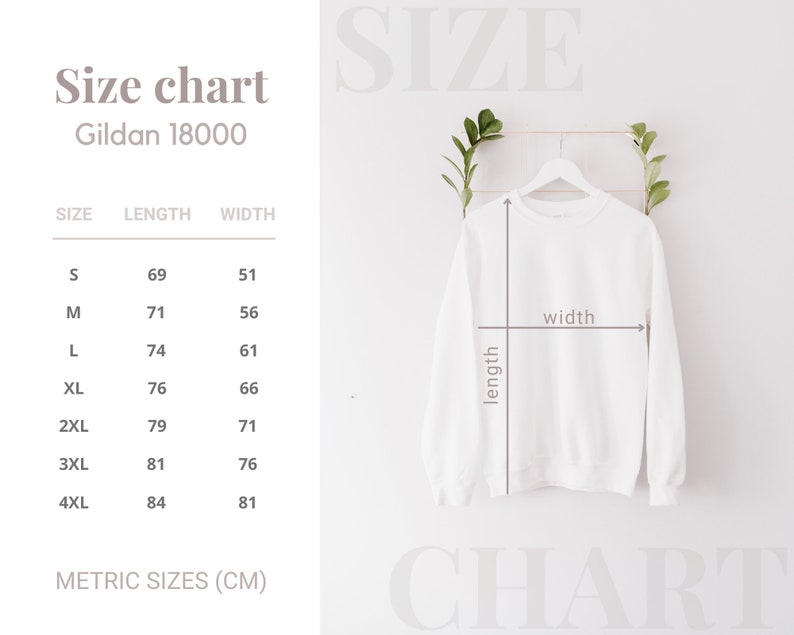 May include: Size chart for Gildan 18000 shirts, showing measurements in inches for sizes S through 4XL. The chart lists length and width measurements for each size.