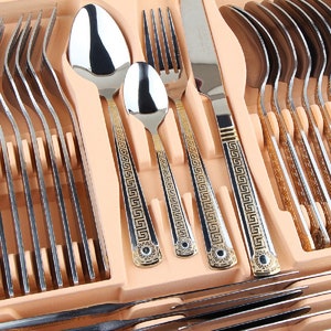 flatware set, Silverware, 72-PC, Serving set,  service for 12, Casa Milano Greek Key Deco Design , set two tone gold