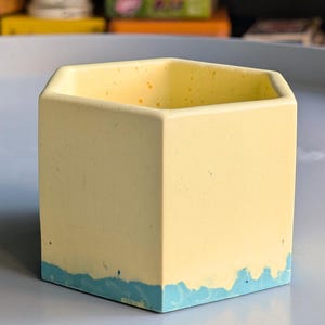 以下が含まれることがあります： ベースに青い波模様が入った、六角形の黄色のコンクリートプランター。 プランターは滑らかな仕上がりで、空です。 内部はまだらのテクスチャを示しています。 この装飾的なプランターは、小さな植物や多肉植物に適しています。