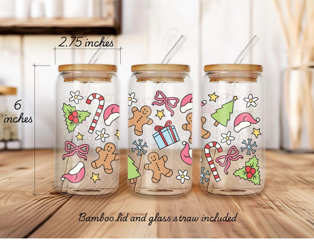 Christmas Glass Cup With Bamboo Lid | Holiday Iced Drink, 16oz - Etsy